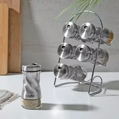 Burgulu Standlı 6 Parça Paslanmaz Çelik Baharatlık Seti