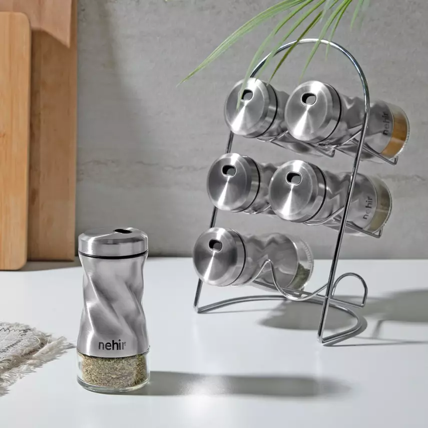 Burgulu Standlı 6 Parça Paslanmaz Çelik Baharatlık Seti - 1